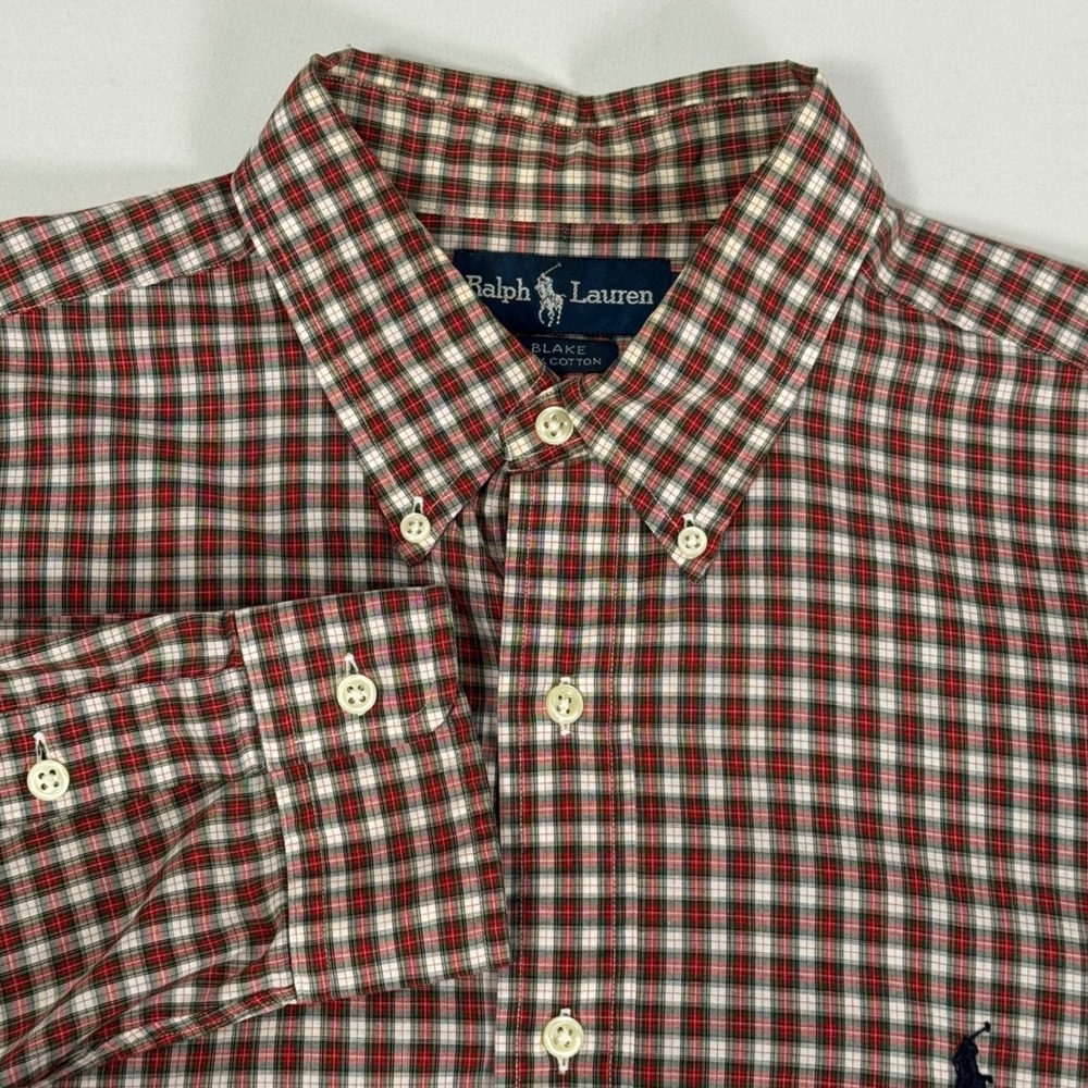 Ralph Lauren Blake Red Plaid OCBD Button Down Shirt Long Sleeve VTG 90s Mens L